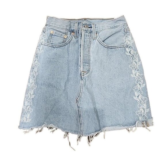Levi's Premium Jean Mini Skirt Deconstructed Embroidered Light Wash Women's 24 - Picture 1 of 10